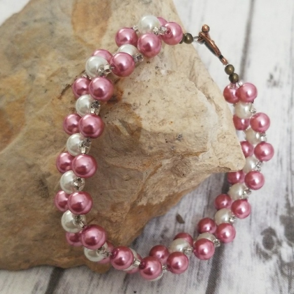 Pink & white glass pearl beaded bracelet - Picture 8 of 8